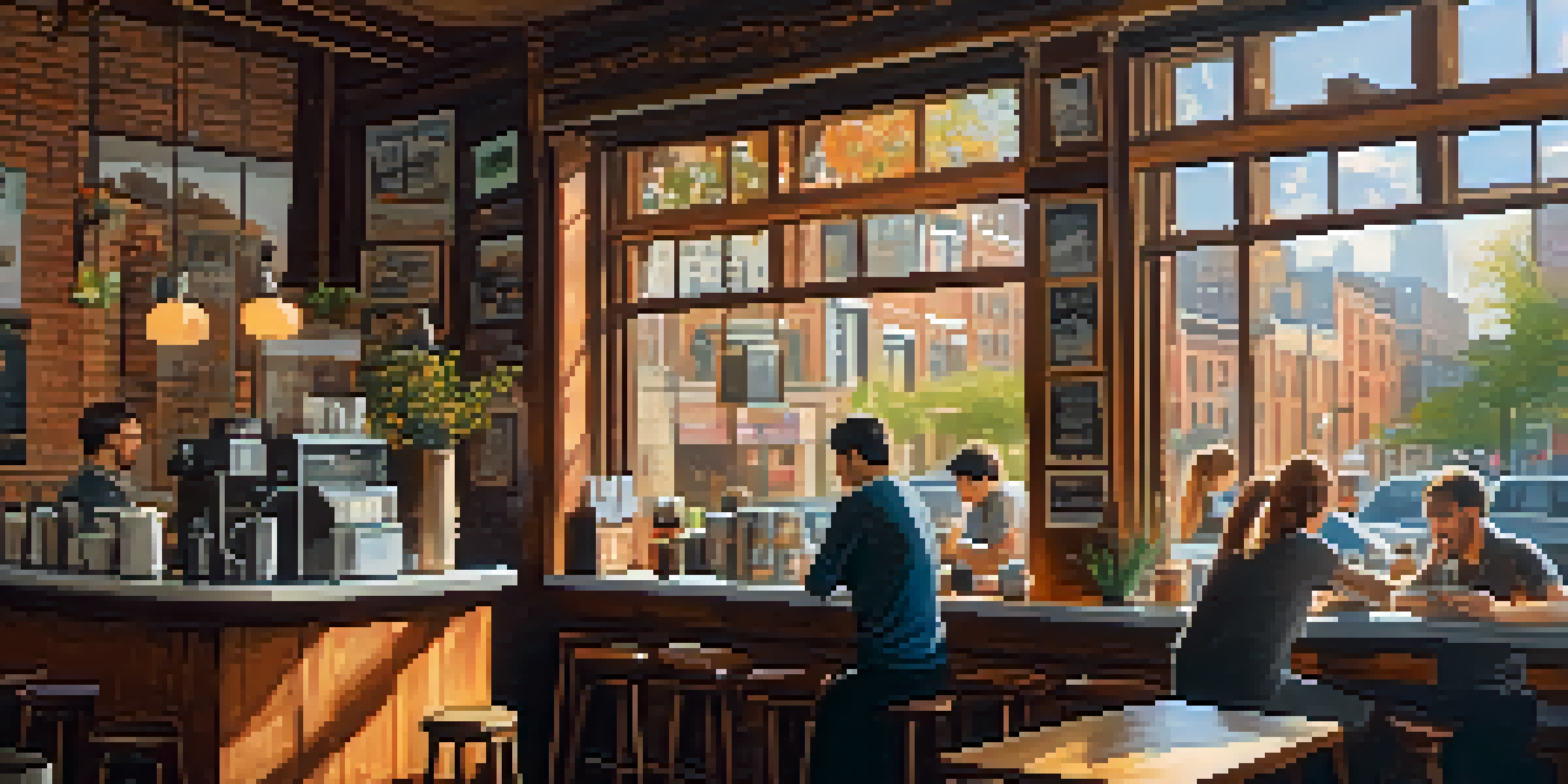 A warm and inviting coffee shop in New York City with wooden furniture, sunlight streaming through windows, and a barista making pour-over coffee while friends chat.