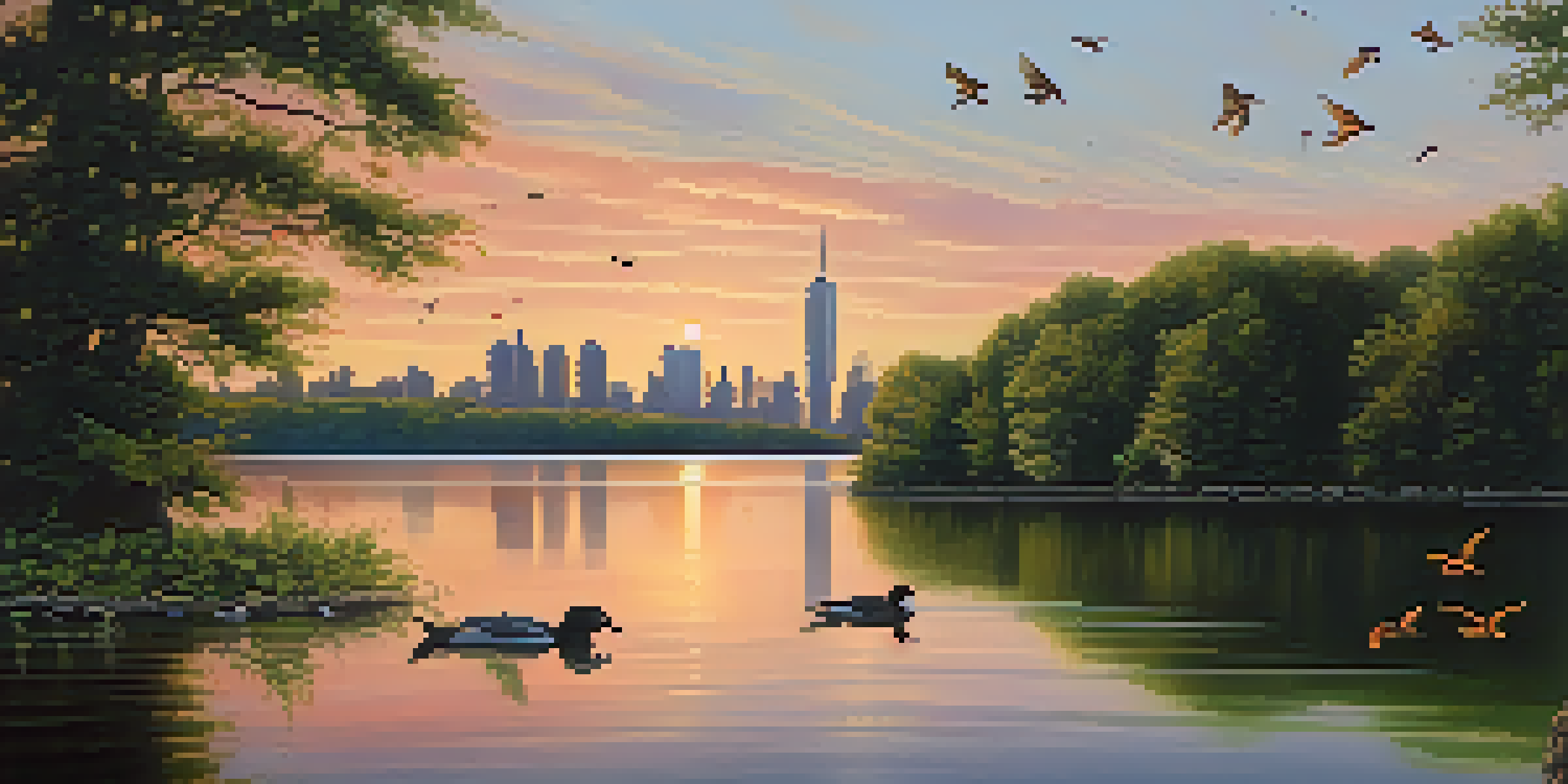 A peaceful New York City reservoir at sunset, with calm waters and lush greenery, reflecting the colors of the sky.