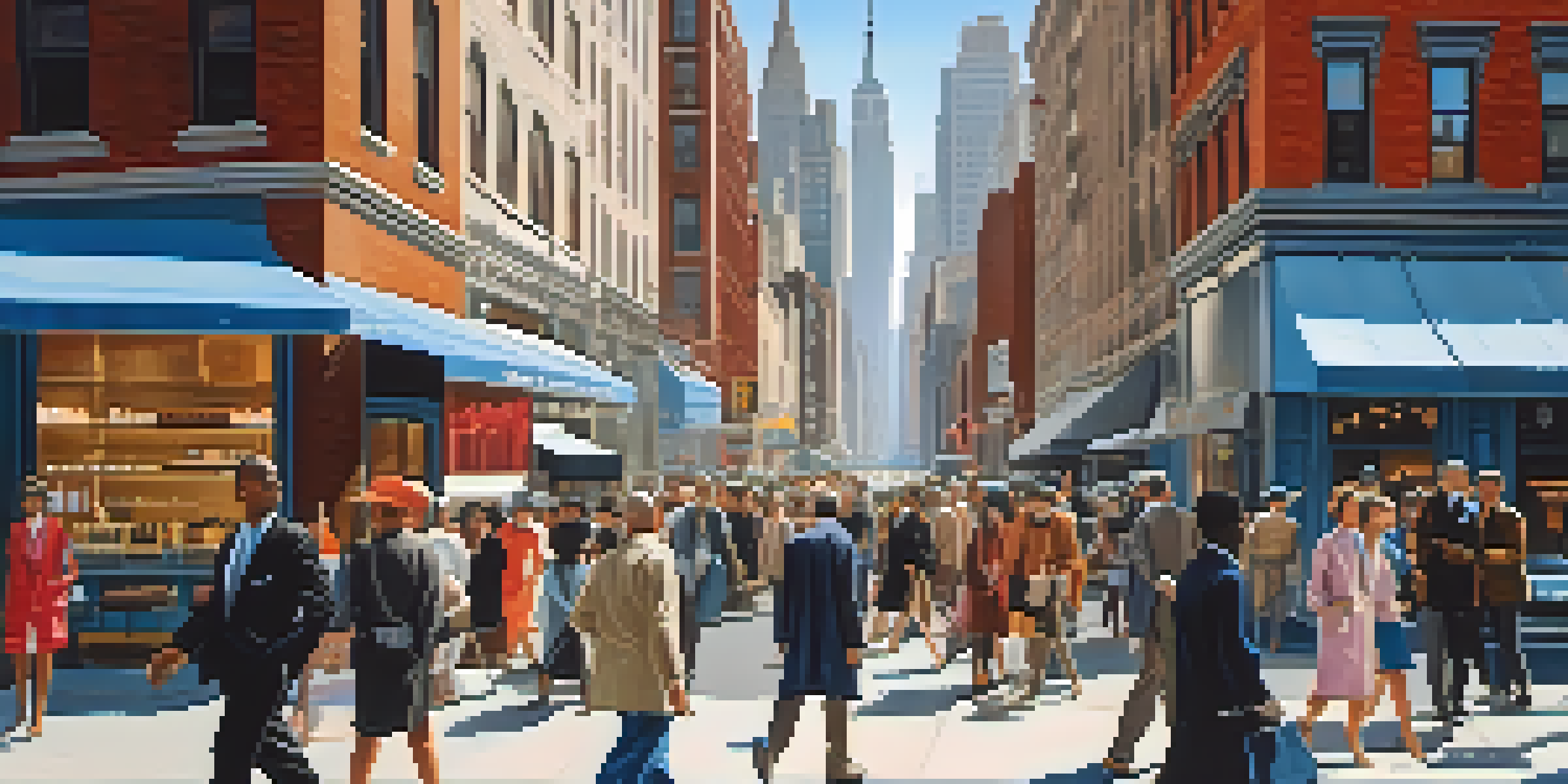 A vibrant NYC street scene with diverse people walking past luxury shops and modest storefronts, with the Manhattan skyline in the background.