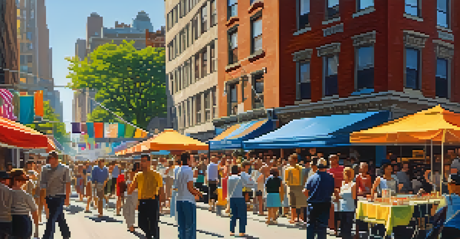 A vibrant street scene in New York City during a cultural festival, featuring a diverse crowd, food stalls, and performers.