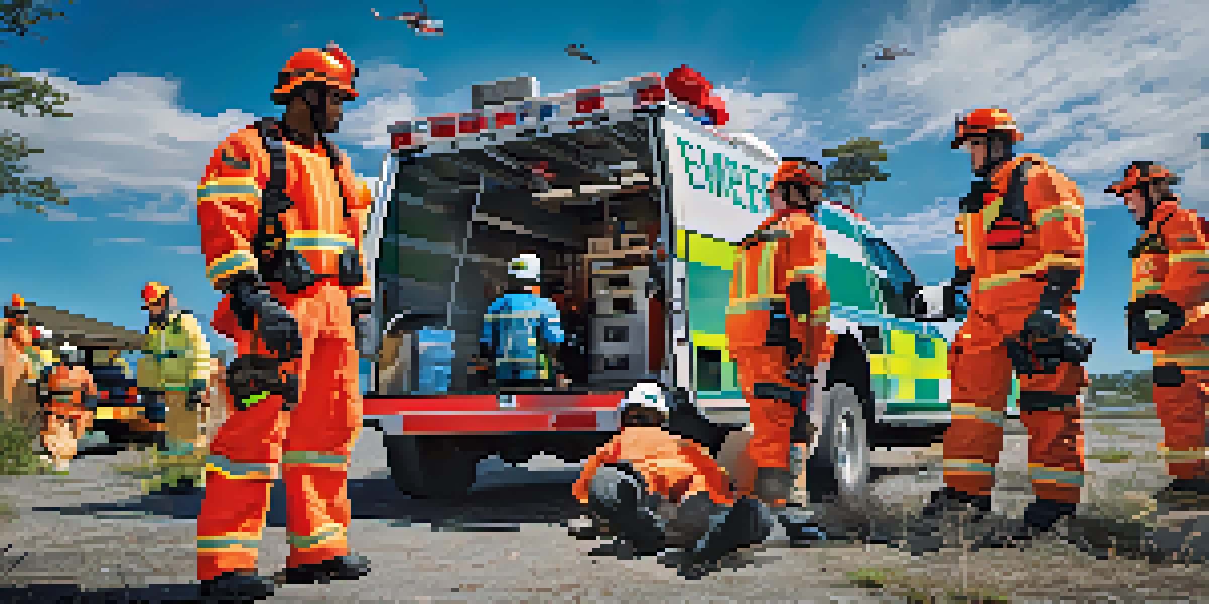 A group of emergency responders in colorful uniforms practicing for a crisis scenario outdoors, with vehicles and medical equipment in the background.