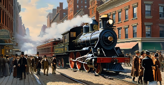A historical depiction of a busy street in 19th-century New York City with a steam locomotive and people in period clothing.