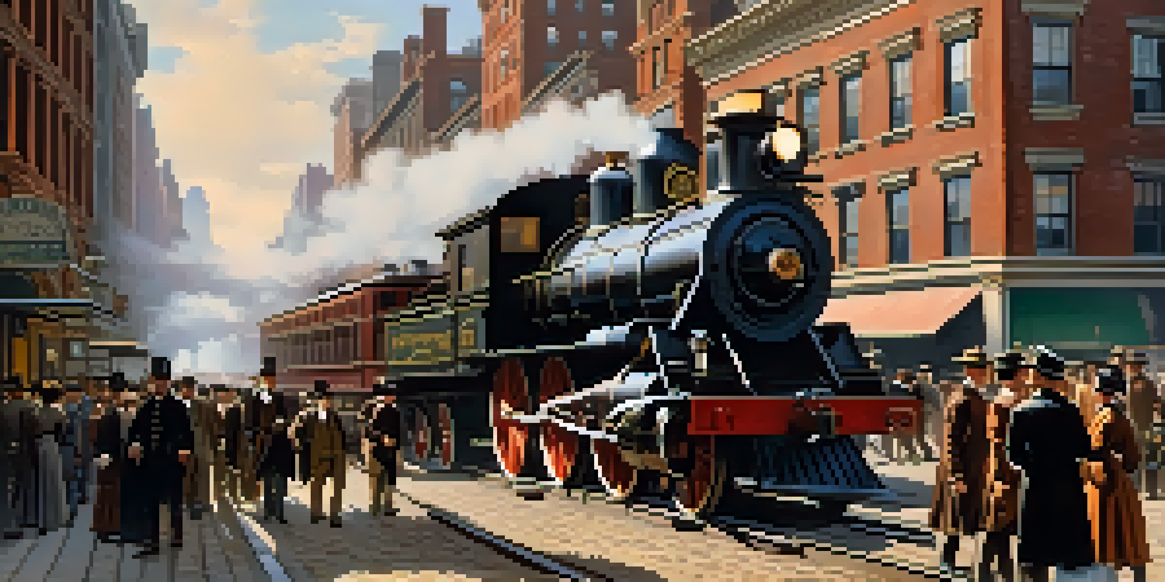 A historical depiction of a busy street in 19th-century New York City with a steam locomotive and people in period clothing.