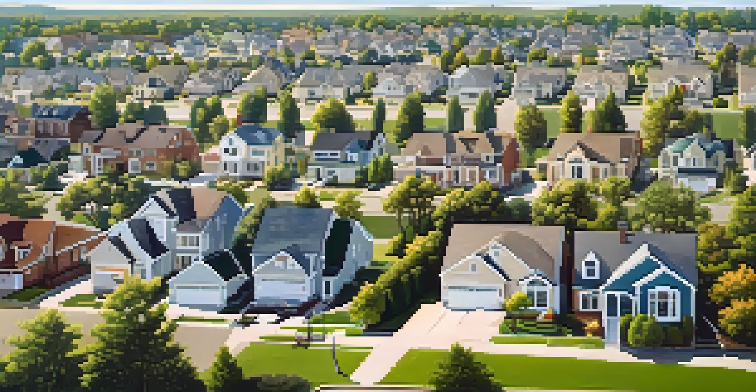Aerial view of a suburban neighborhood with spacious homes and a city skyline in the background.
