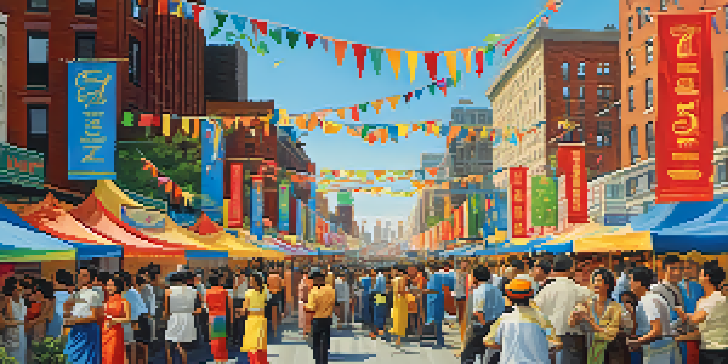 A lively street festival in NYC with cultural displays, music performers, and people enjoying various cuisines under a blue sky.