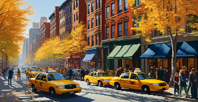 A busy New York City street filled with diverse pedestrians and classic brownstone architecture, illuminated by warm autumn sunlight.