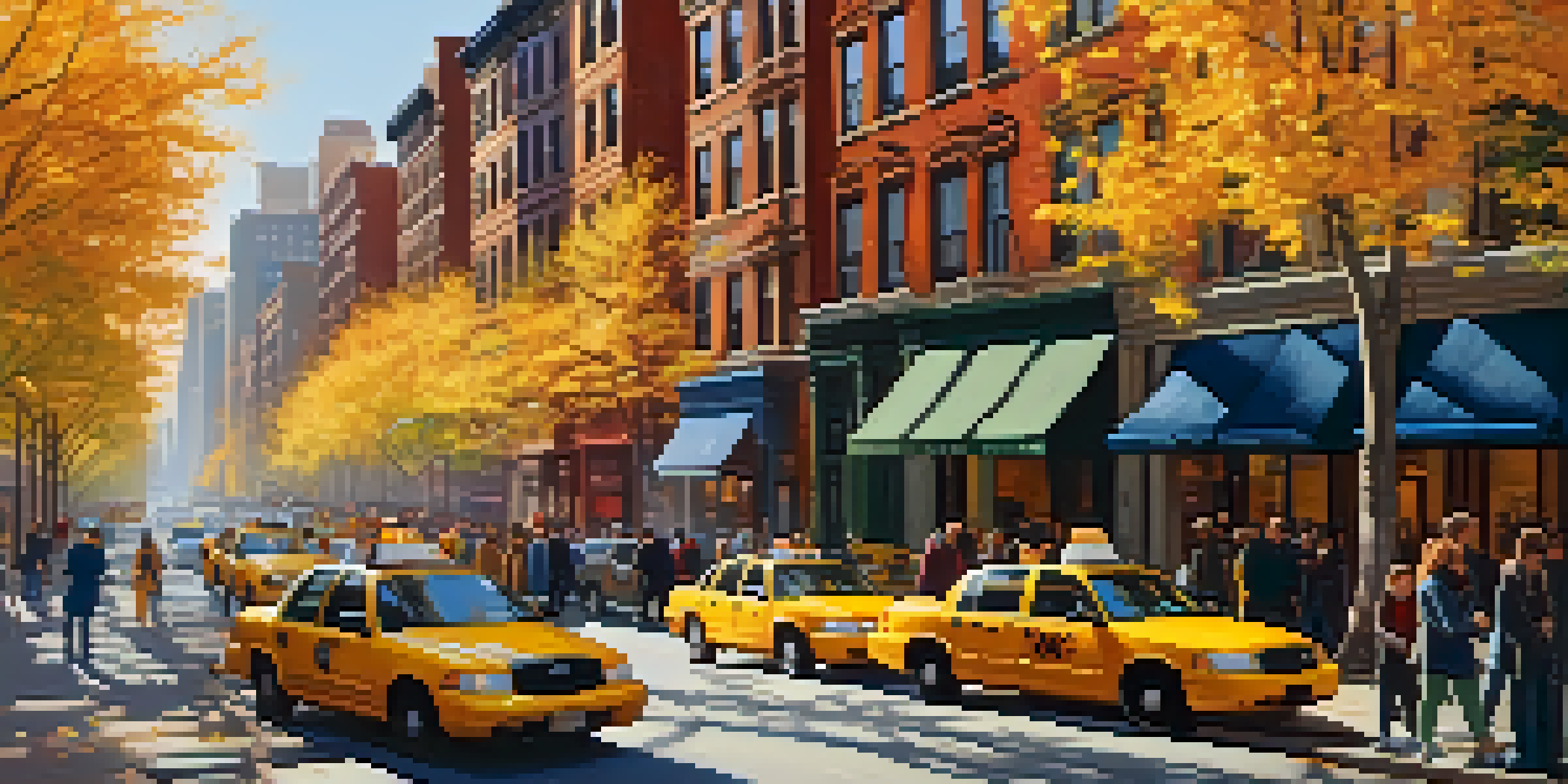 A busy New York City street filled with diverse pedestrians and classic brownstone architecture, illuminated by warm autumn sunlight.