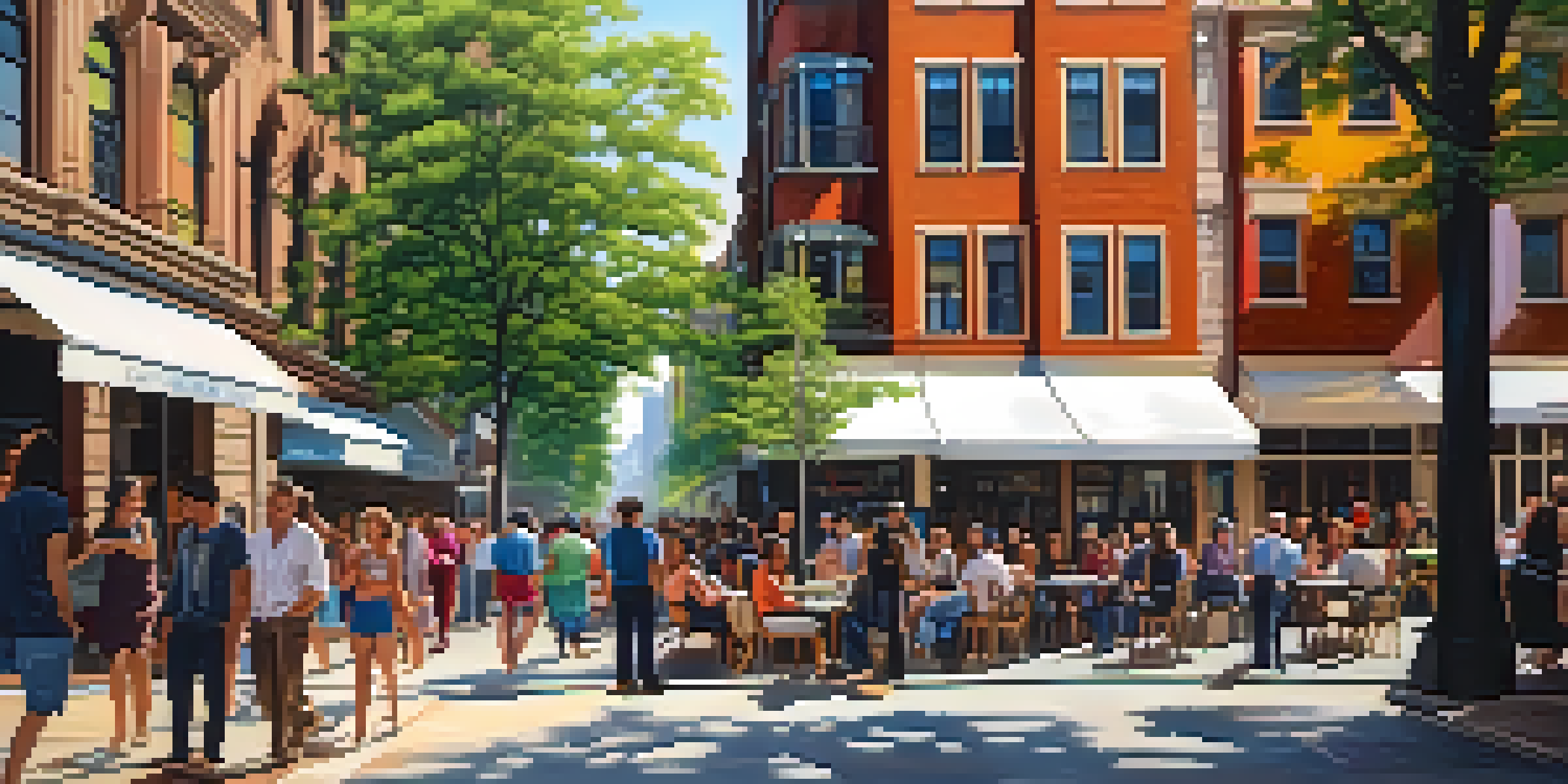 A lively urban street scene with old and new buildings, colorful street art, and diverse groups of people enjoying the area.