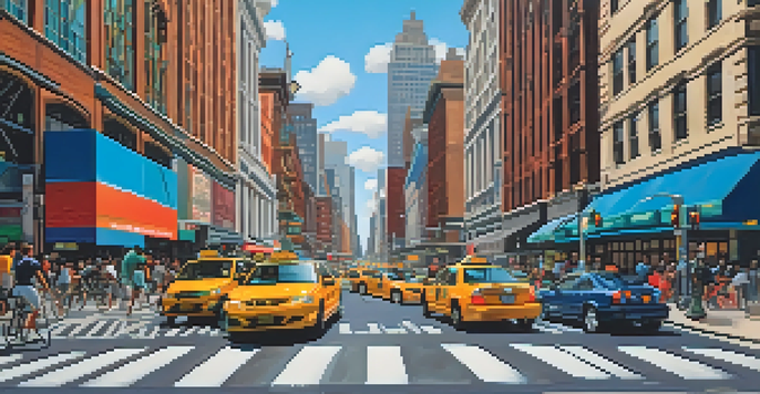 A busy New York City street with smart traffic lights managing smooth vehicle flow and various commuters.