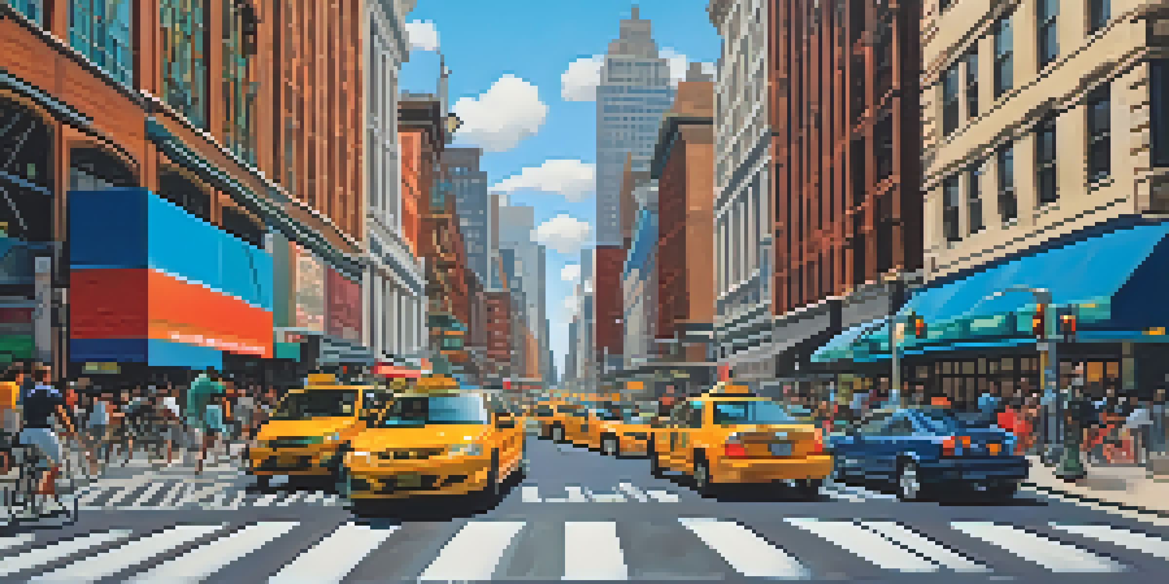 A busy New York City street with smart traffic lights managing smooth vehicle flow and various commuters.