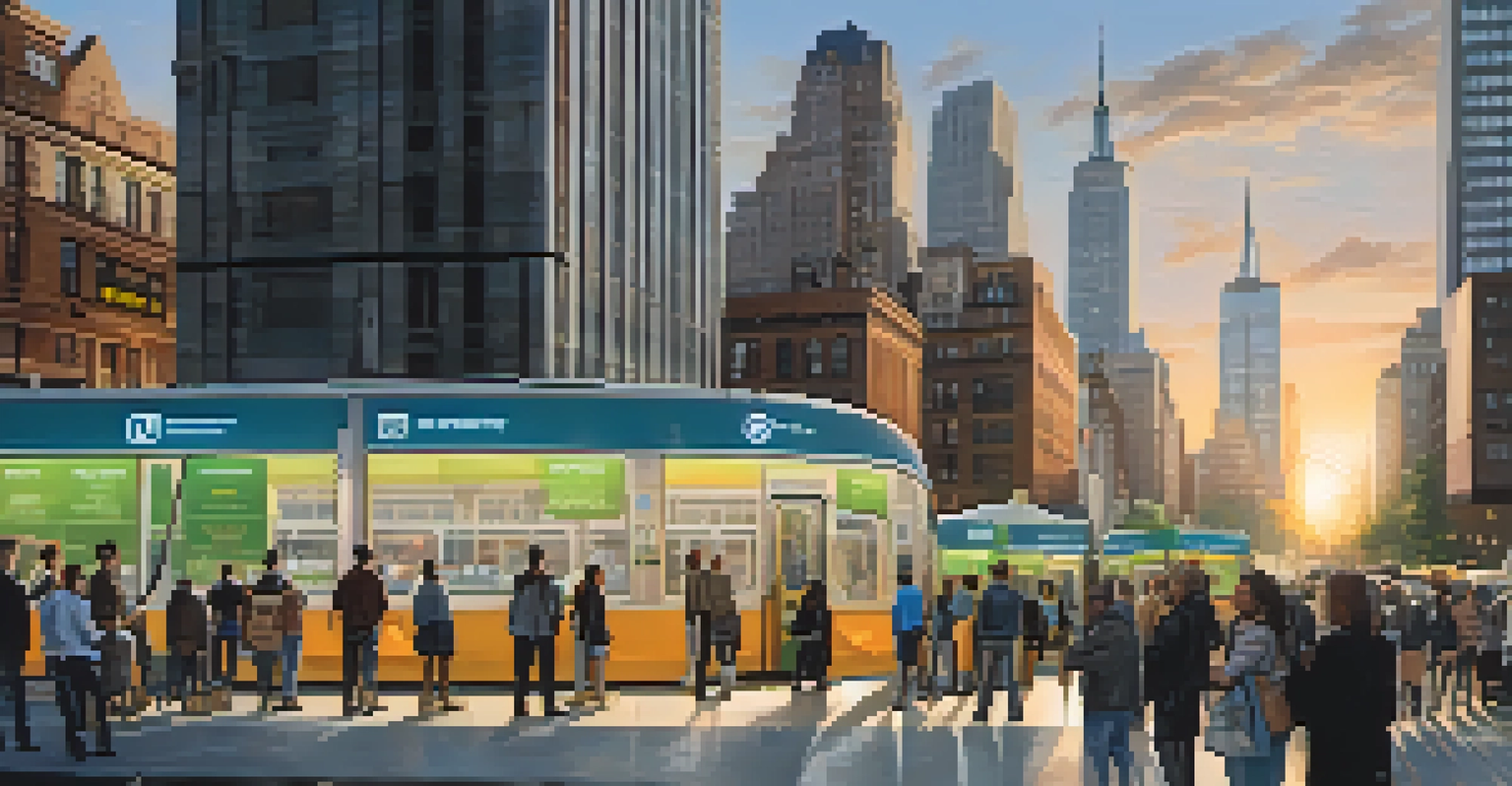 A transit hub in New York City with electric vehicle charging stations and commuters, illuminated by a soft sunset.