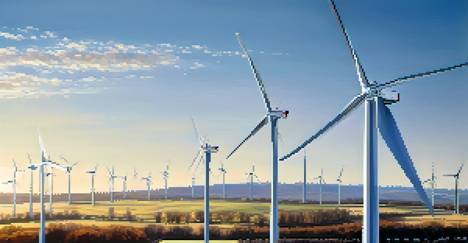 A close-up of a modern wind turbine against a clear blue sky.