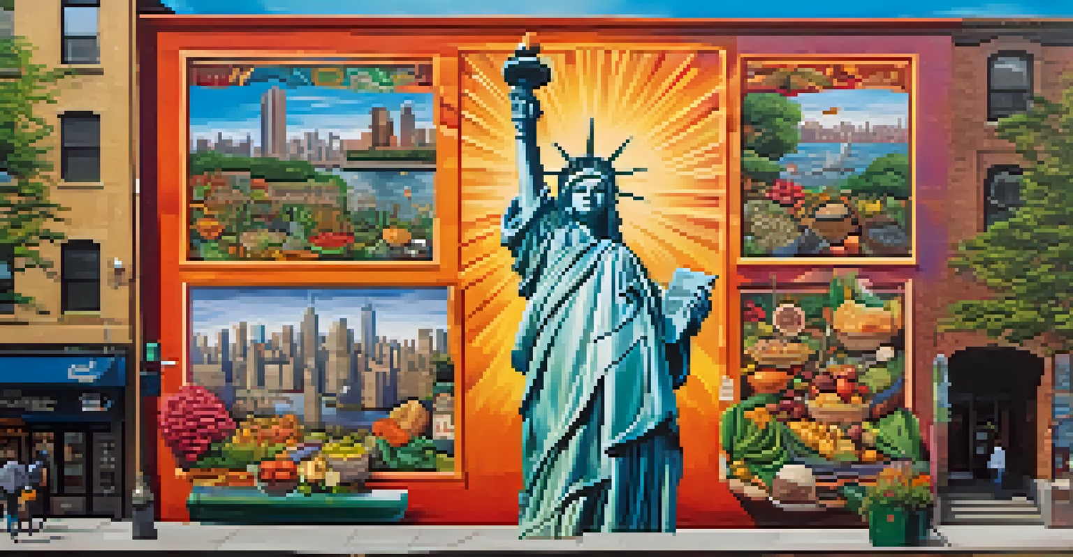 A colorful mural representing the cultural diversity of New York City, featuring symbols from various immigrant communities.