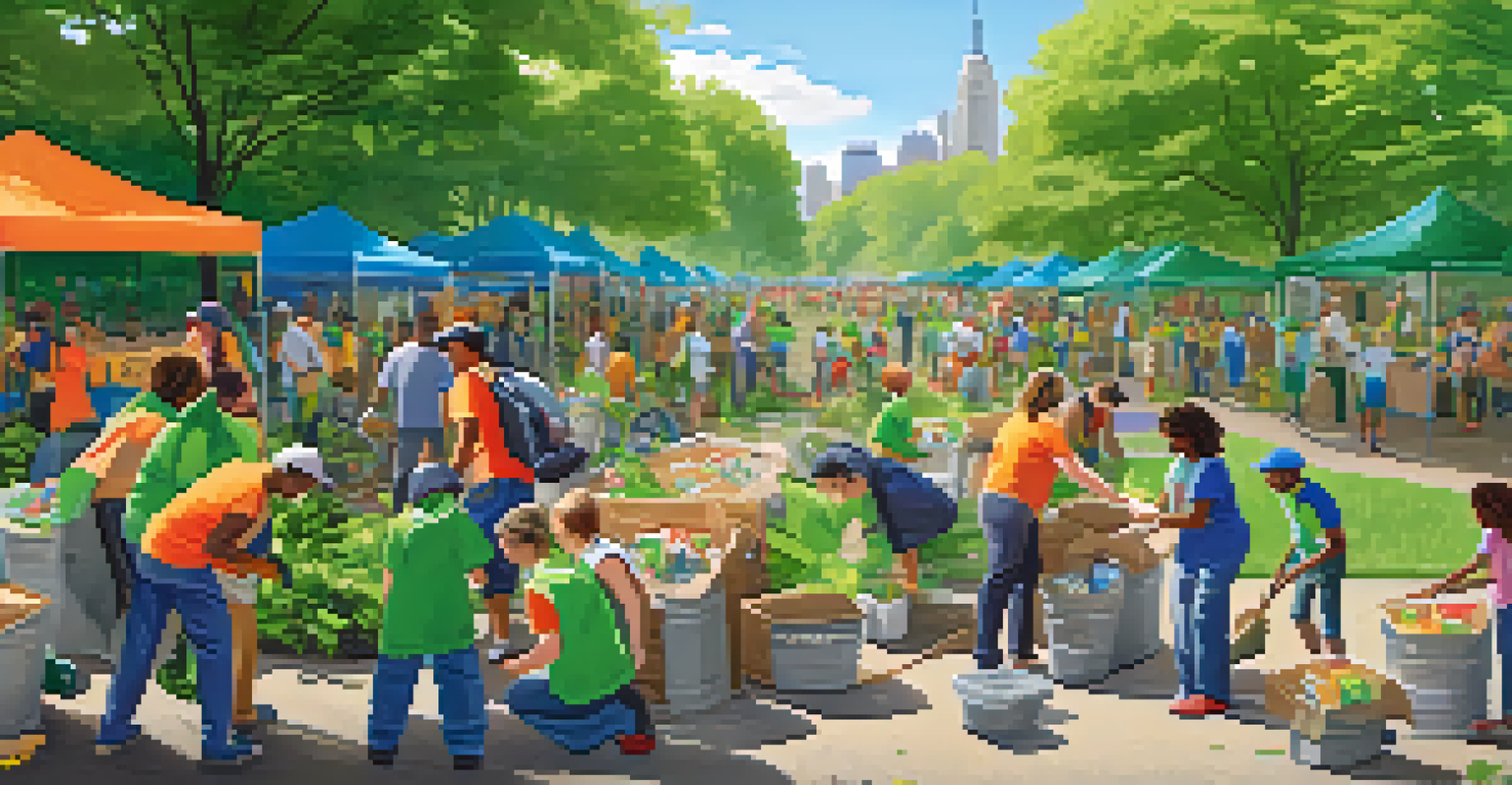 Residents of New York City participating in a park clean-up event, collecting litter and sorting waste into bins in a sunny environment.