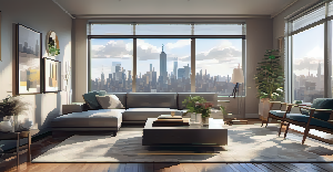 A modern living room in a New York City apartment with large windows showing a skyline view and contemporary furnishings.