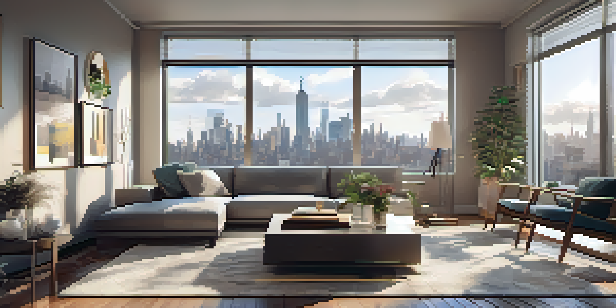 A modern living room in a New York City apartment with large windows showing a skyline view and contemporary furnishings.