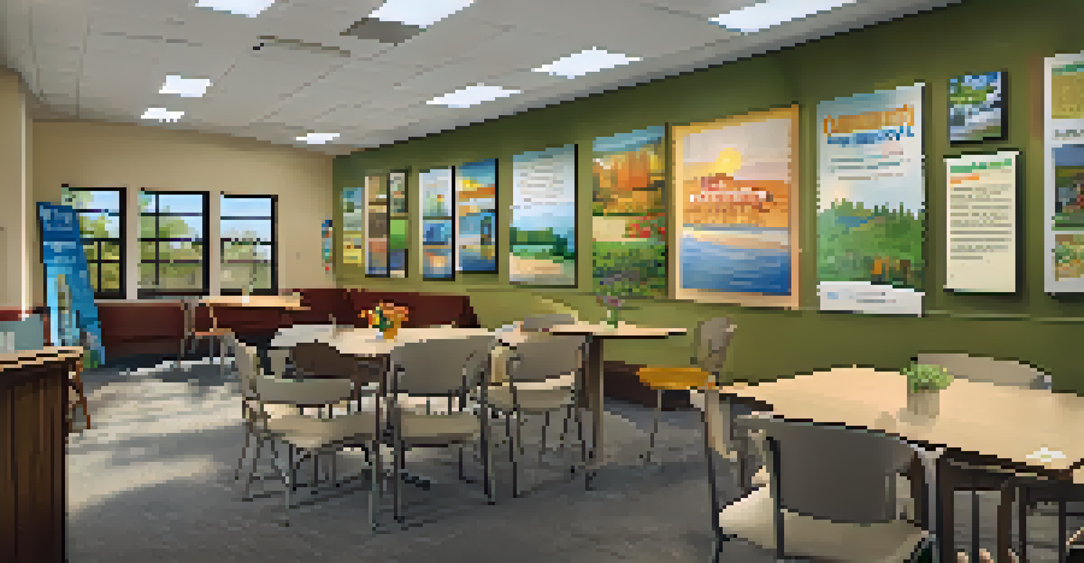 A cozy interior of a community center with comfortable seating, a table of brochures, and artwork on the walls.