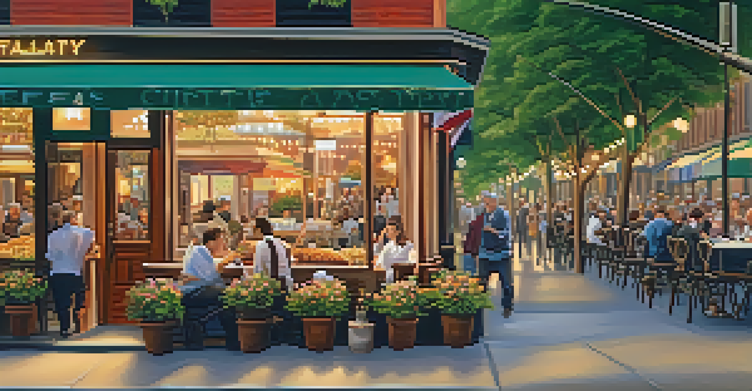 A charming street in Little Italy, NYC, with outdoor dining and diners enjoying Italian cuisine under warm sunset lighting.