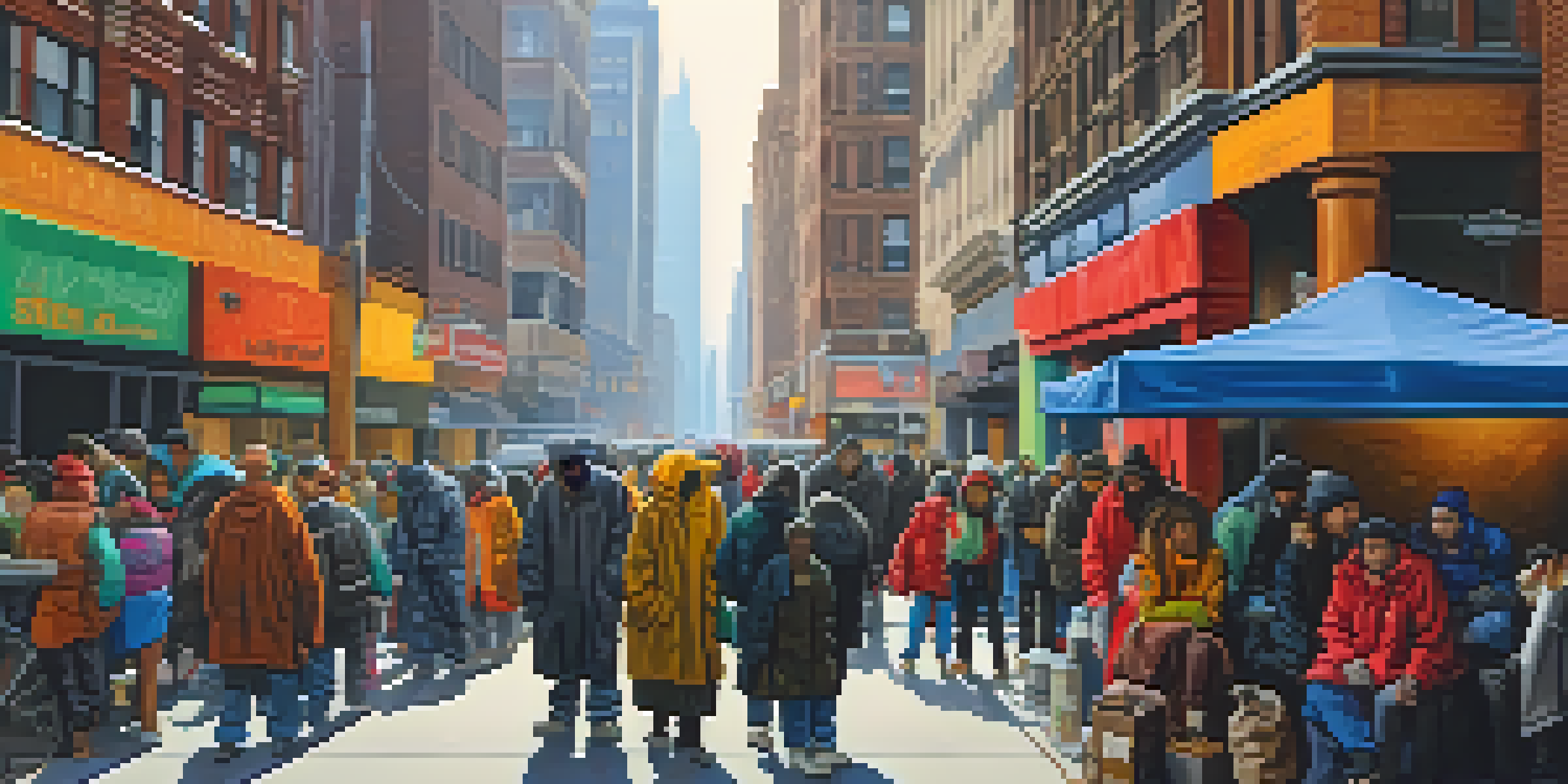 A lively New York City street showing homeless individuals amidst the bustling urban life.