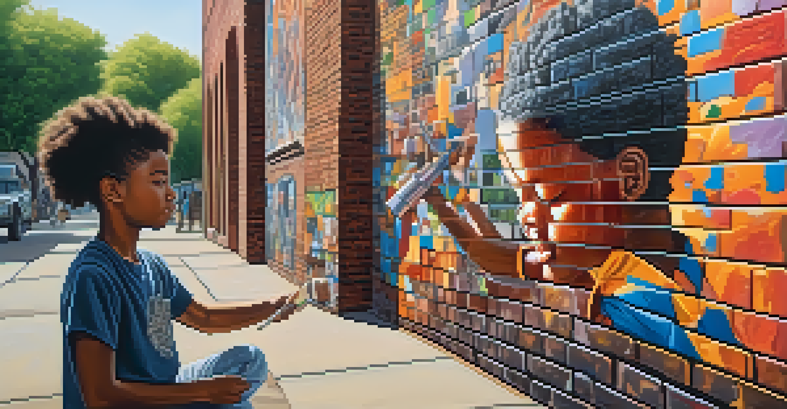 A youth activist painting a colorful mural on a city wall, expressing themes of racial justice and unity.
