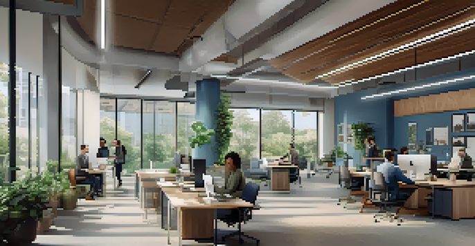 A bright and airy open office space with collaborative areas, large windows, and plants, showcasing employees working together.