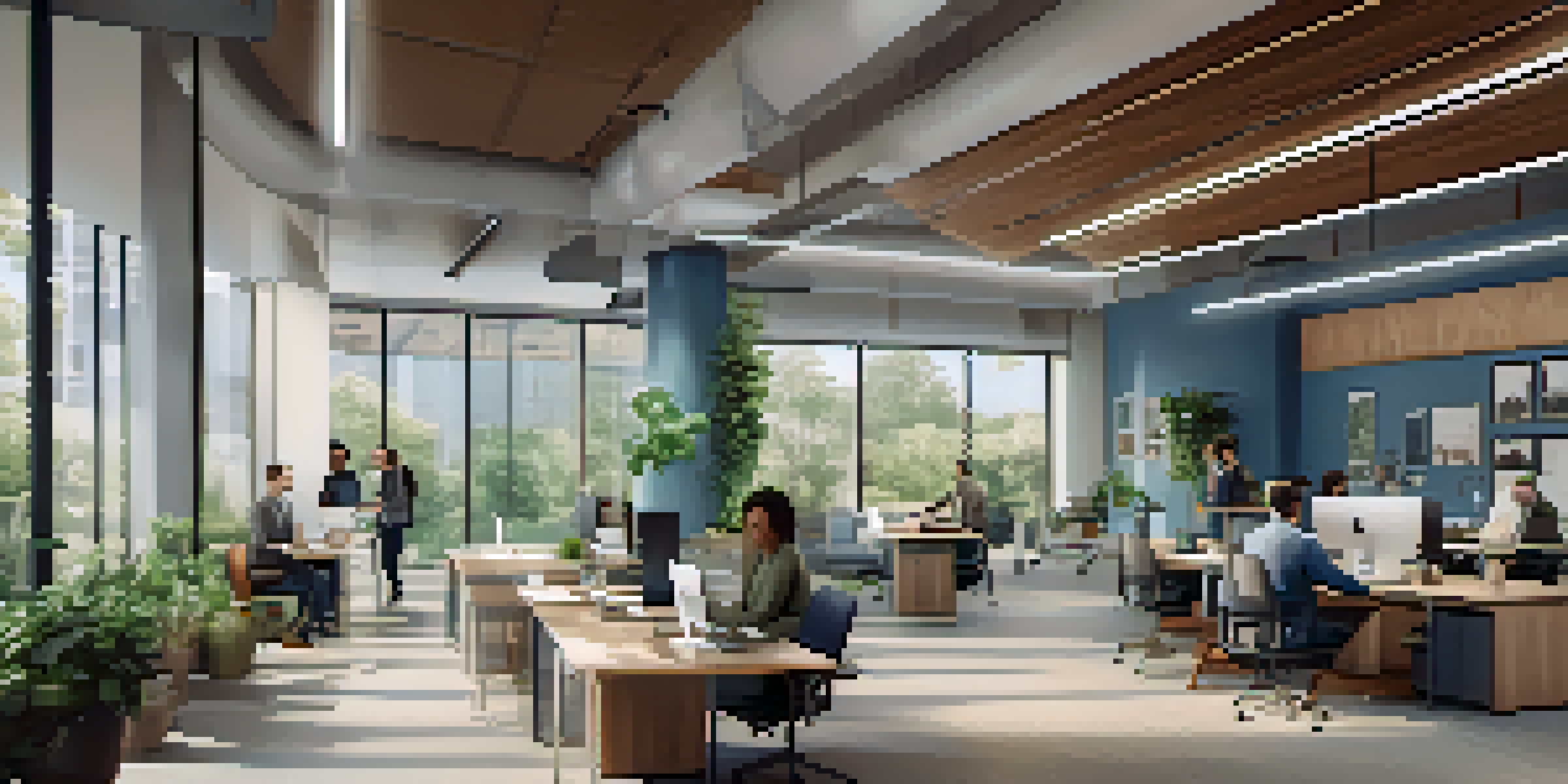 A bright and airy open office space with collaborative areas, large windows, and plants, showcasing employees working together.