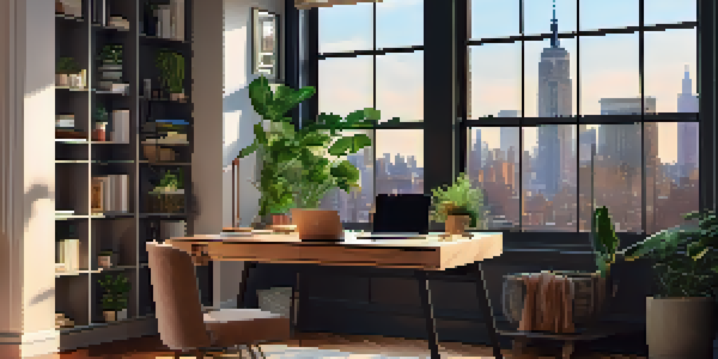 A bright home office with a wooden desk, laptop, plants, and a view of the New York City skyline.