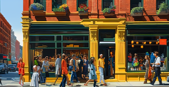 A lively street in SoHo, New York City, featuring boutiques and art galleries, with pedestrians in fashionable clothing.