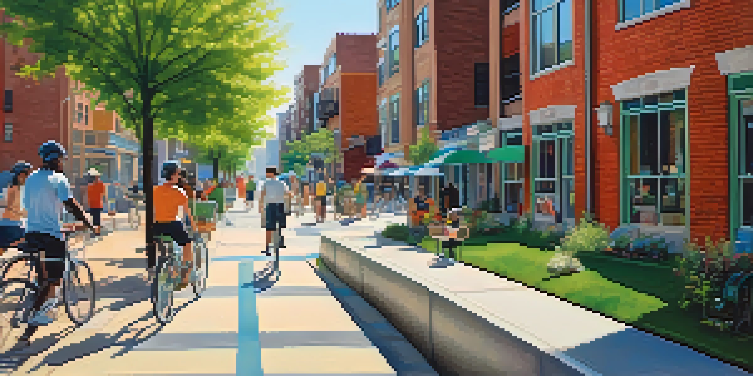 A vibrant urban neighborhood with people walking and cycling, surrounded by tall buildings and green spaces near a subway station.