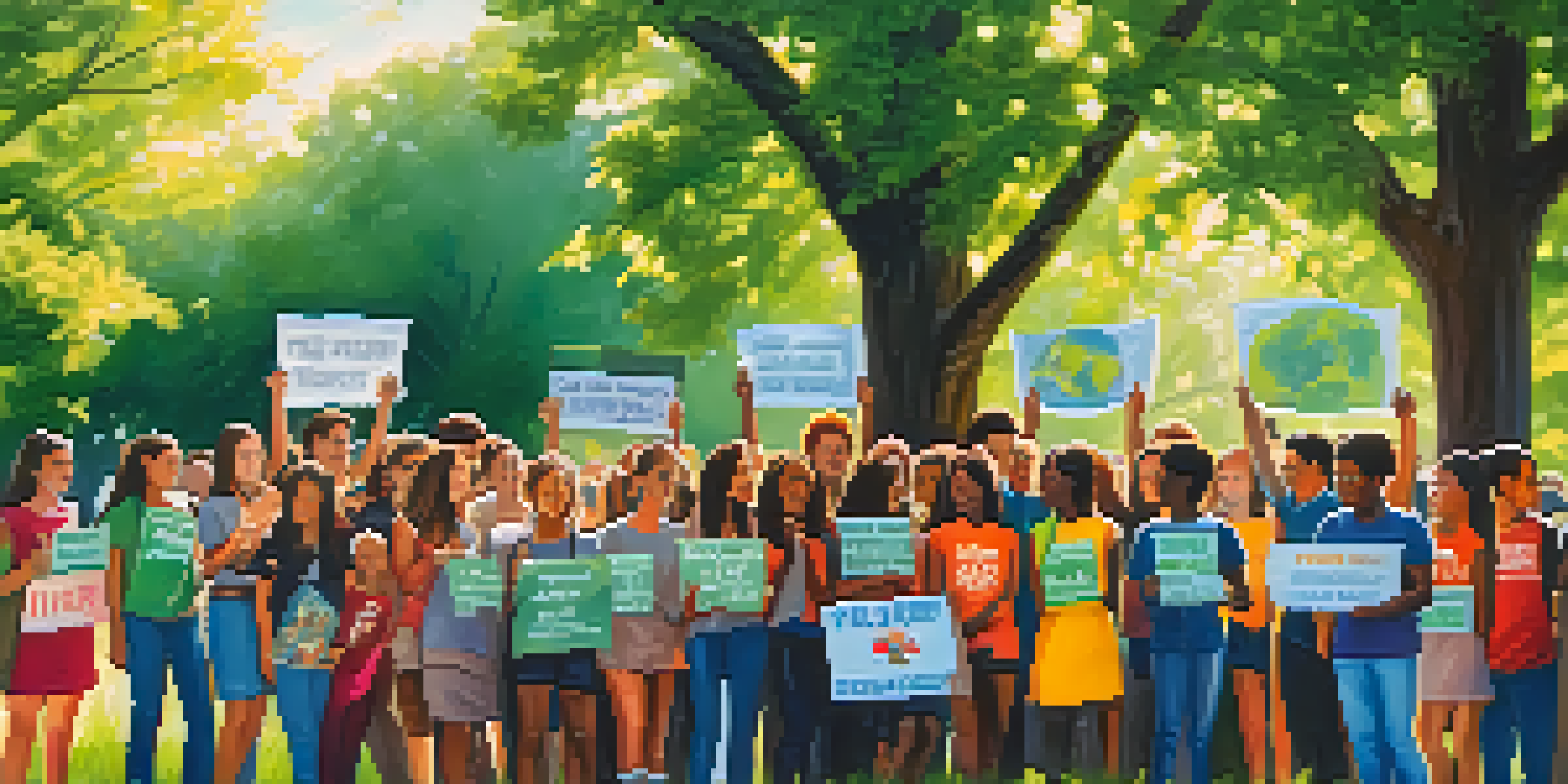 A diverse group of young activists in a park, holding colorful banners for climate change awareness, with sunlight filtering through trees.