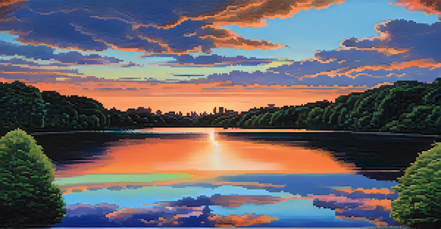 A beautiful sunset over the Jacqueline Kennedy Onassis Reservoir in Central Park, with joggers and lush greenery surrounding the reflective water.