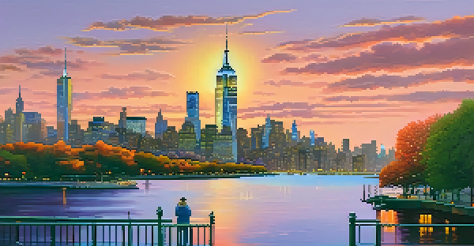 A beautiful sunset view of New York City's skyline reflecting on water, with a park in the foreground.