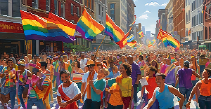 A lively Pride parade with diverse participants celebrating in a city street, filled with colorful flags and festive attire.