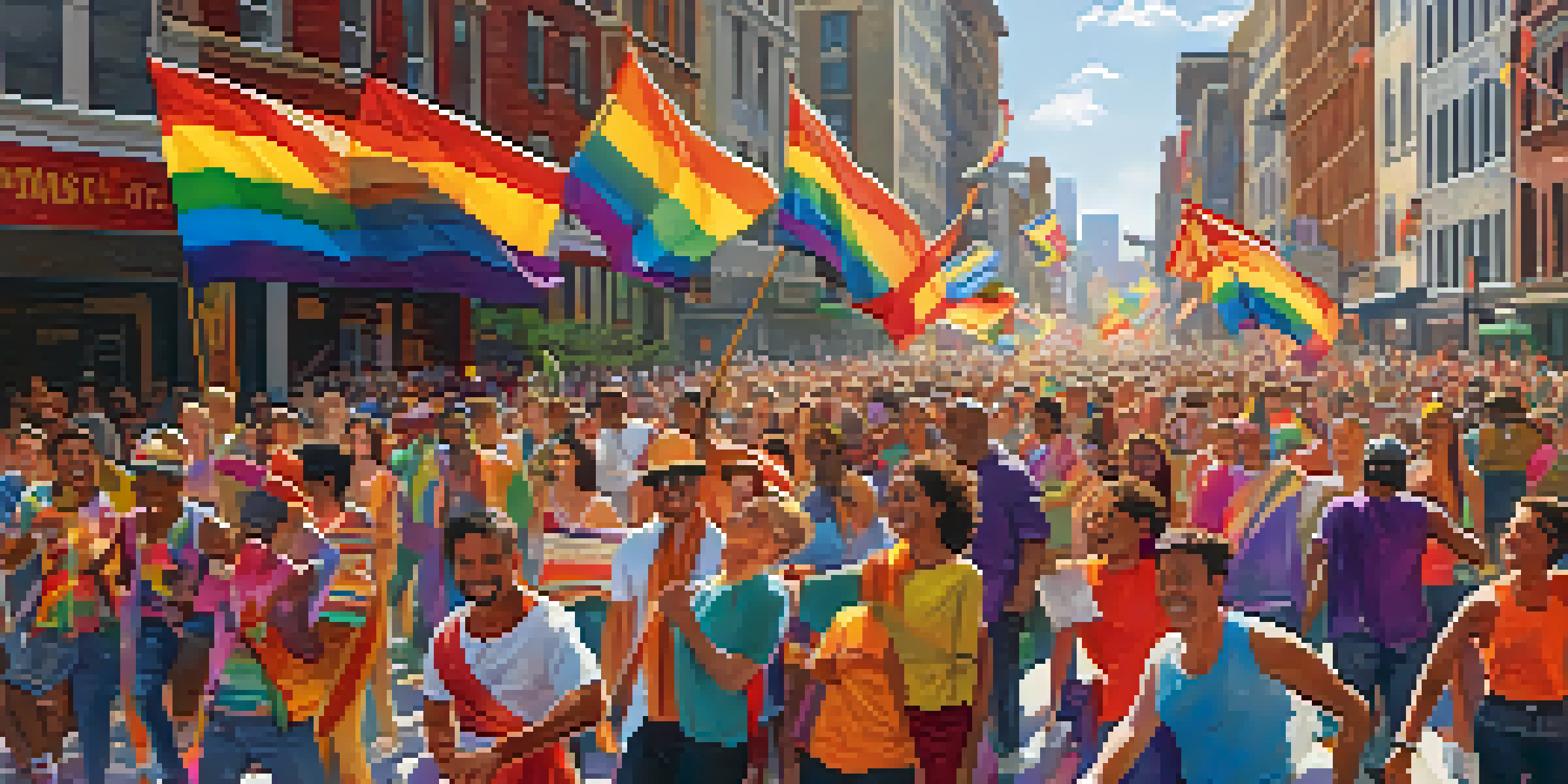 A lively Pride parade with diverse participants celebrating in a city street, filled with colorful flags and festive attire.