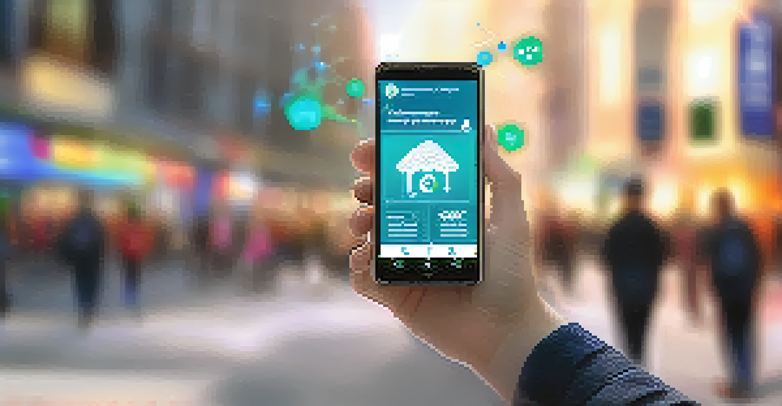 A close-up of a smartphone showing a civic engagement app with data visualizations against a blurred urban background.