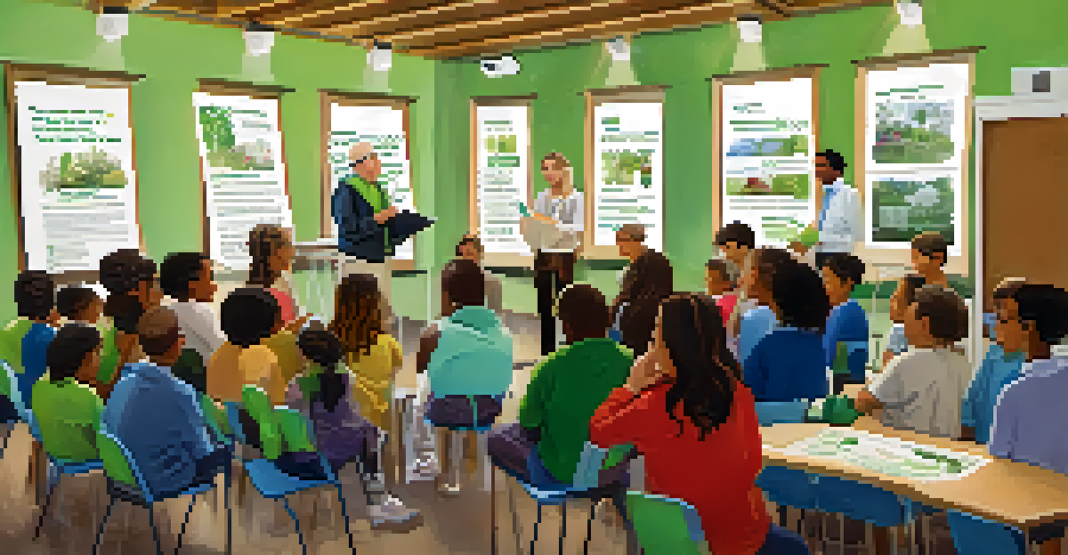 A community workshop focused on recycling, with a presenter and an engaged audience in a bright room decorated with sustainability posters.