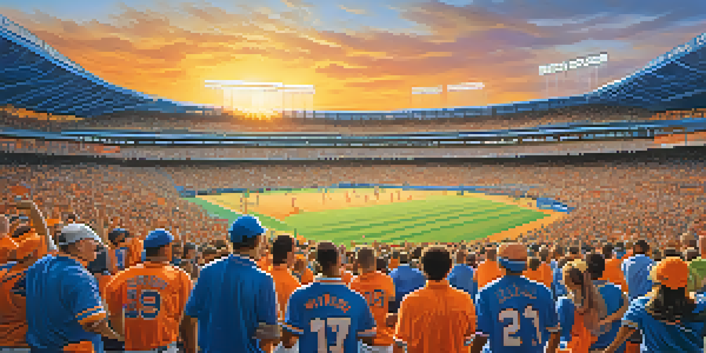 Enthusiastic fans in blue and orange jerseys gather at a New York City sports event during sunset.