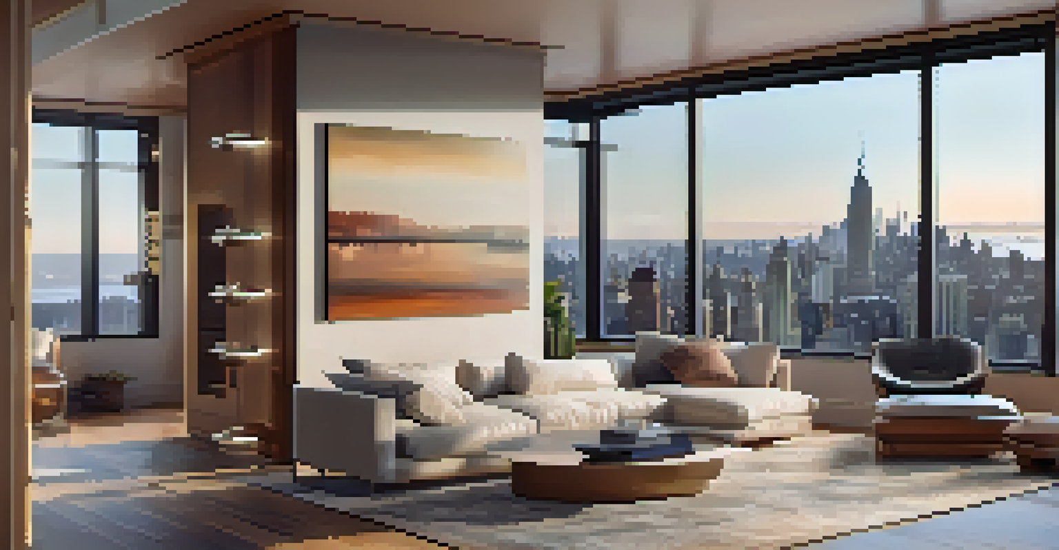 A close-up of a smart thermostat and energy-efficient lighting in a modern NYC apartment, with natural wood textures and a city skyline view in the background.