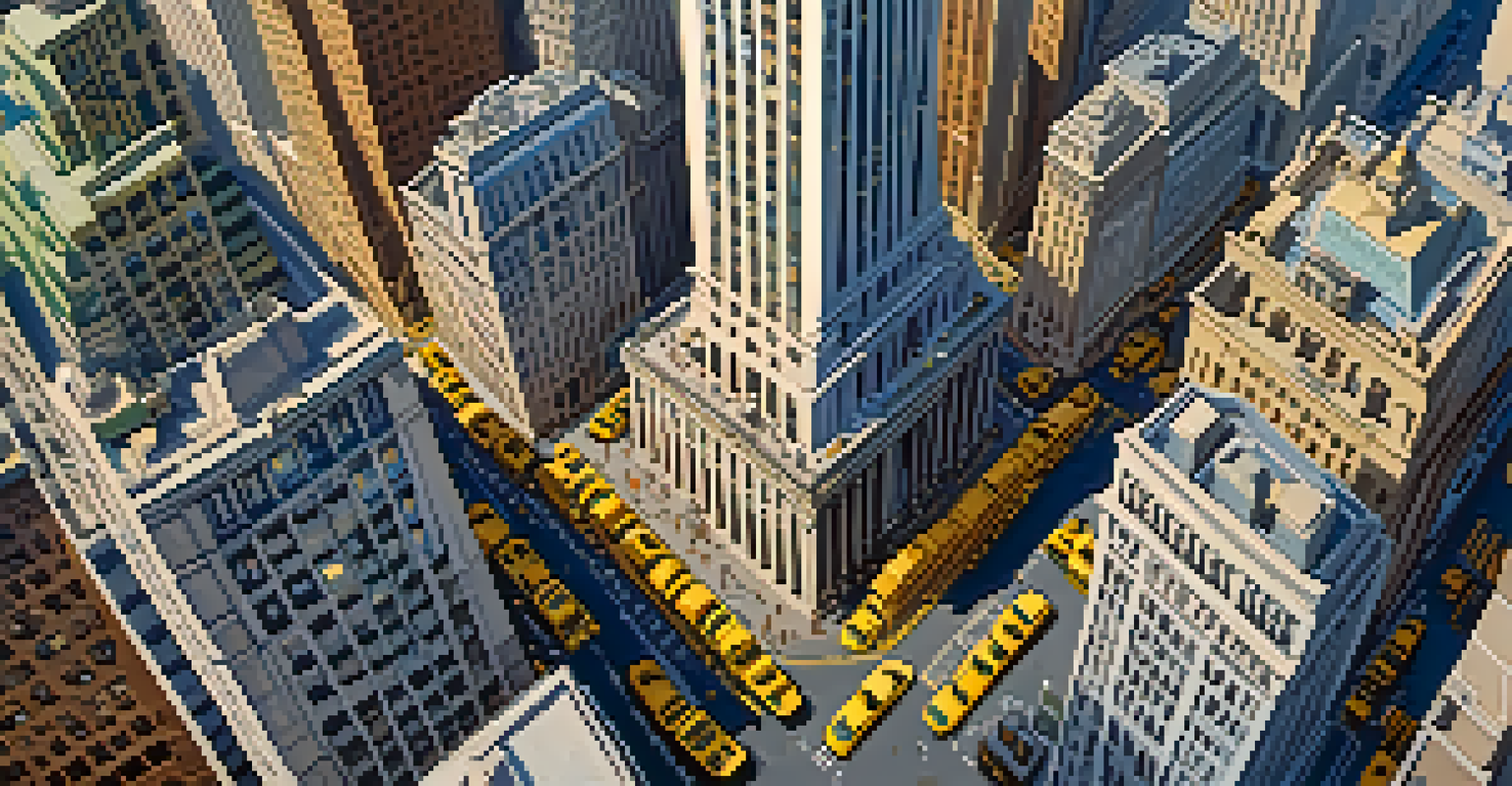 An aerial view of Wall Street with the New York Stock Exchange and busy streets below.