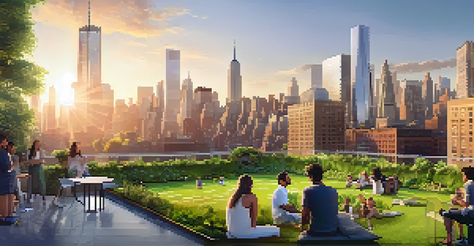A panoramic view of New York City skyline with green buildings, vertical gardens, and a sunset.