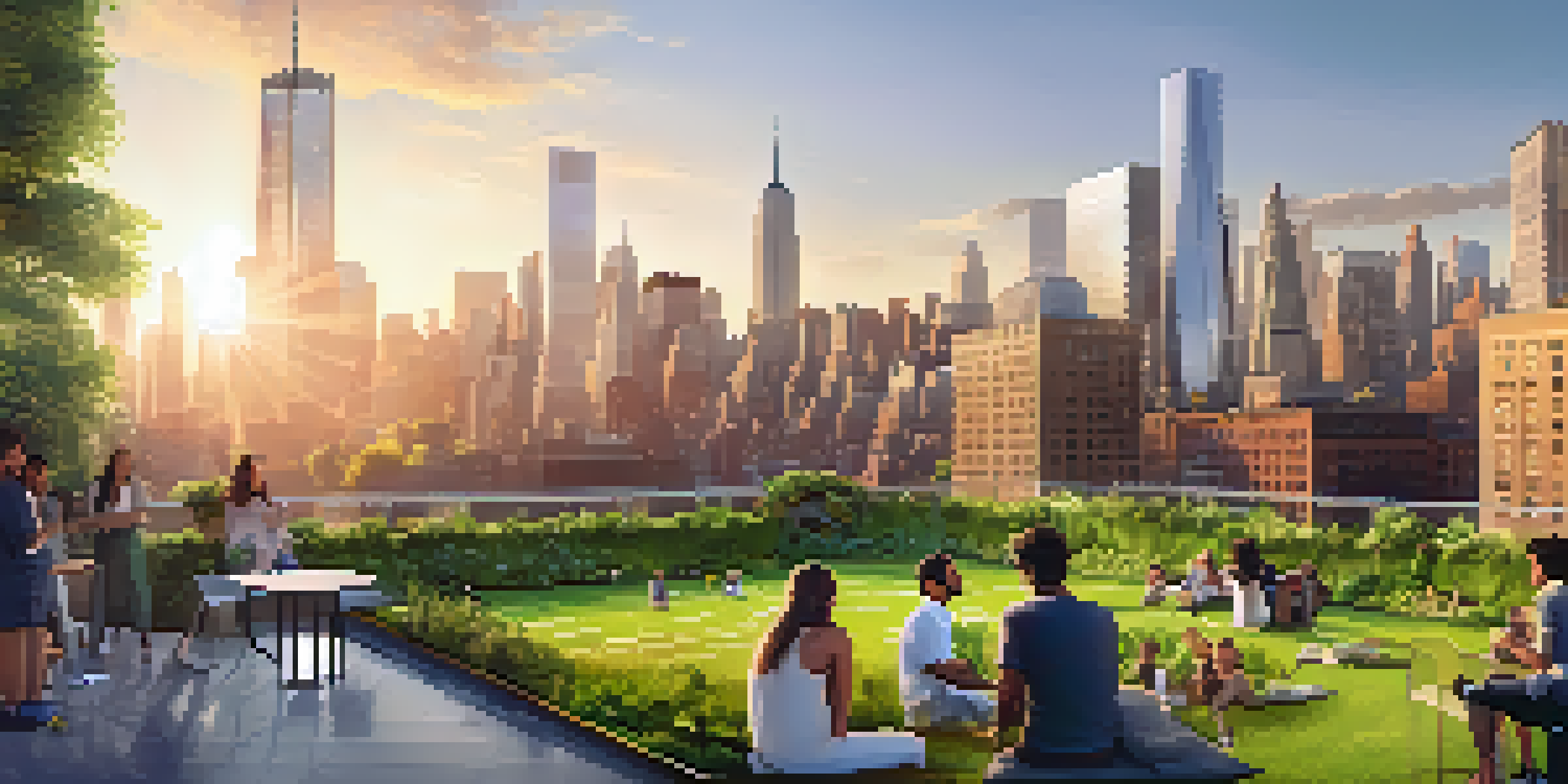 A panoramic view of New York City skyline with green buildings, vertical gardens, and a sunset.