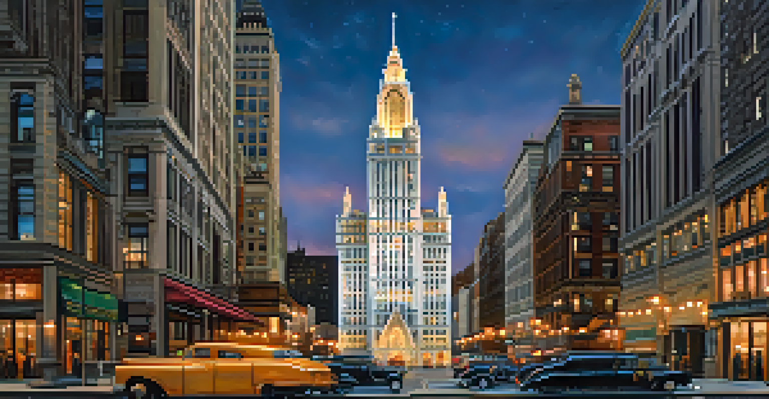 A breathtaking twilight view of the Woolworth Building, illuminated against a darkening sky with city lights in the background.