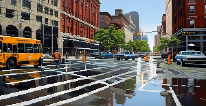 A New York City street with a pothole and cracked asphalt in the foreground, contrasting with smooth roads in the background, showcasing urban life.