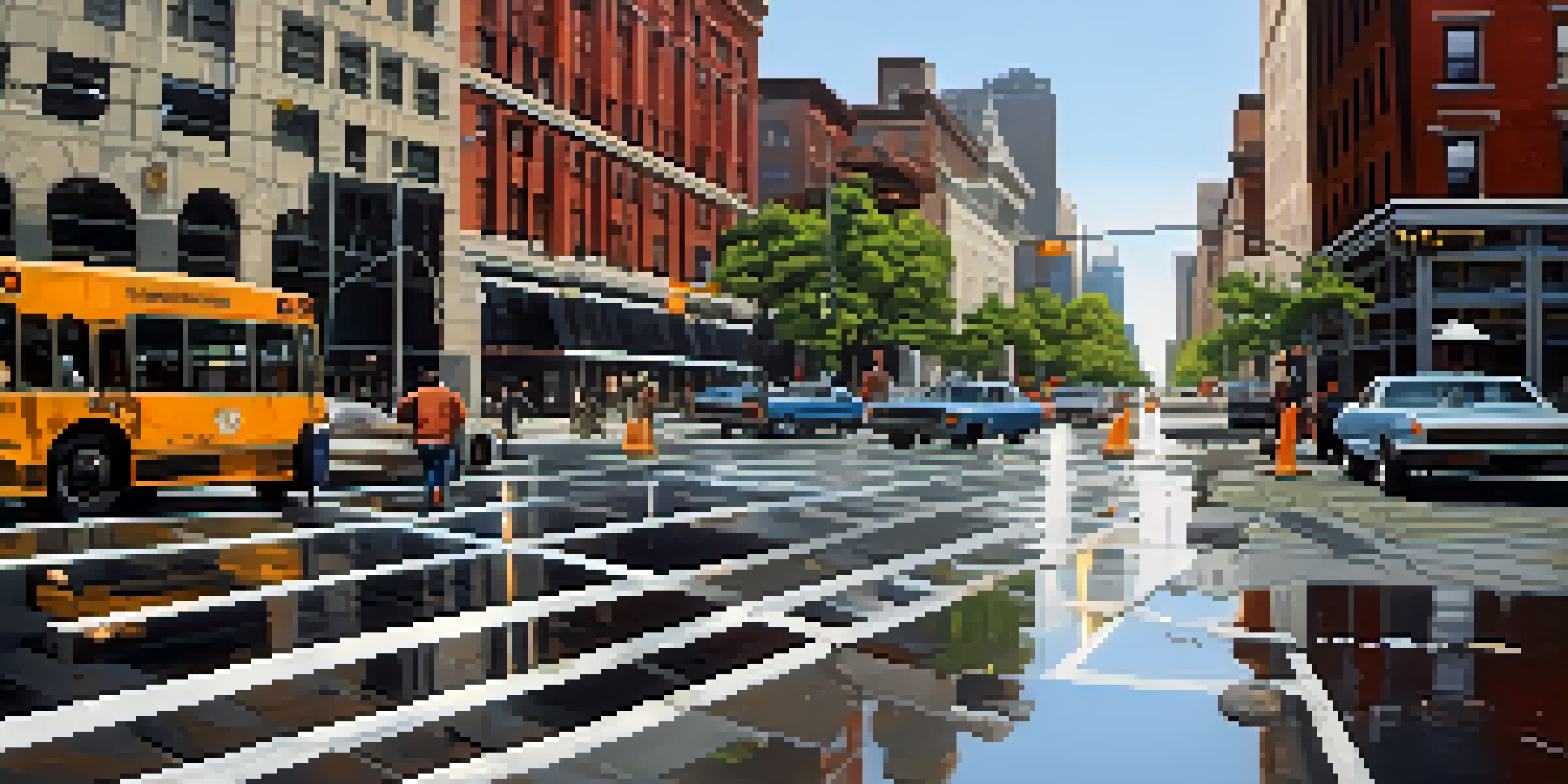 A New York City street with a pothole and cracked asphalt in the foreground, contrasting with smooth roads in the background, showcasing urban life.