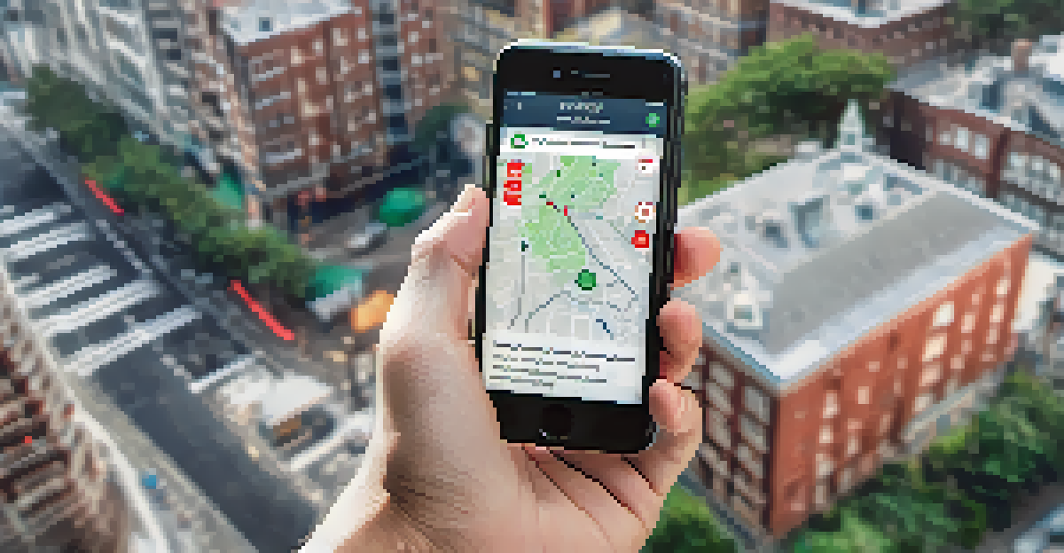 A smartphone displaying a disaster preparedness app with emergency alerts and evacuation routes set against a cityscape background.