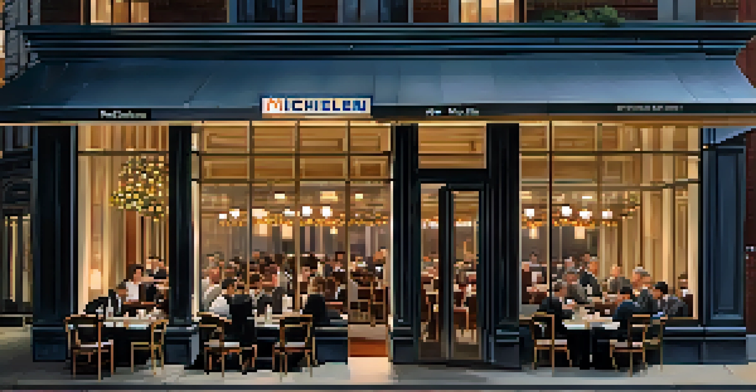 An illuminated Michelin-starred restaurant in NYC at dusk, showcasing its elegant architecture and lively dining atmosphere.