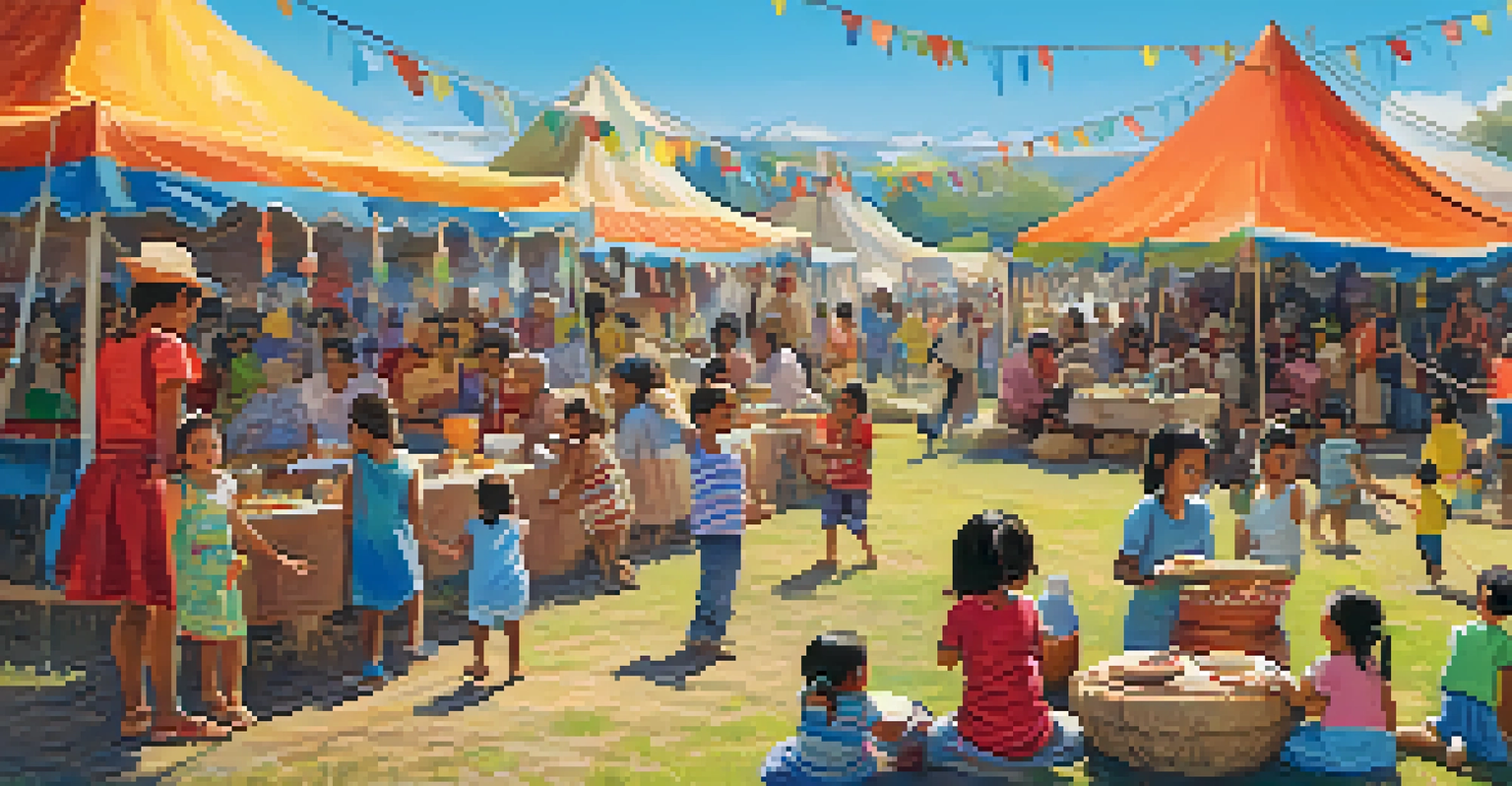 A community event with families celebrating cultural diversity, featuring colorful tents, food, and children playing.