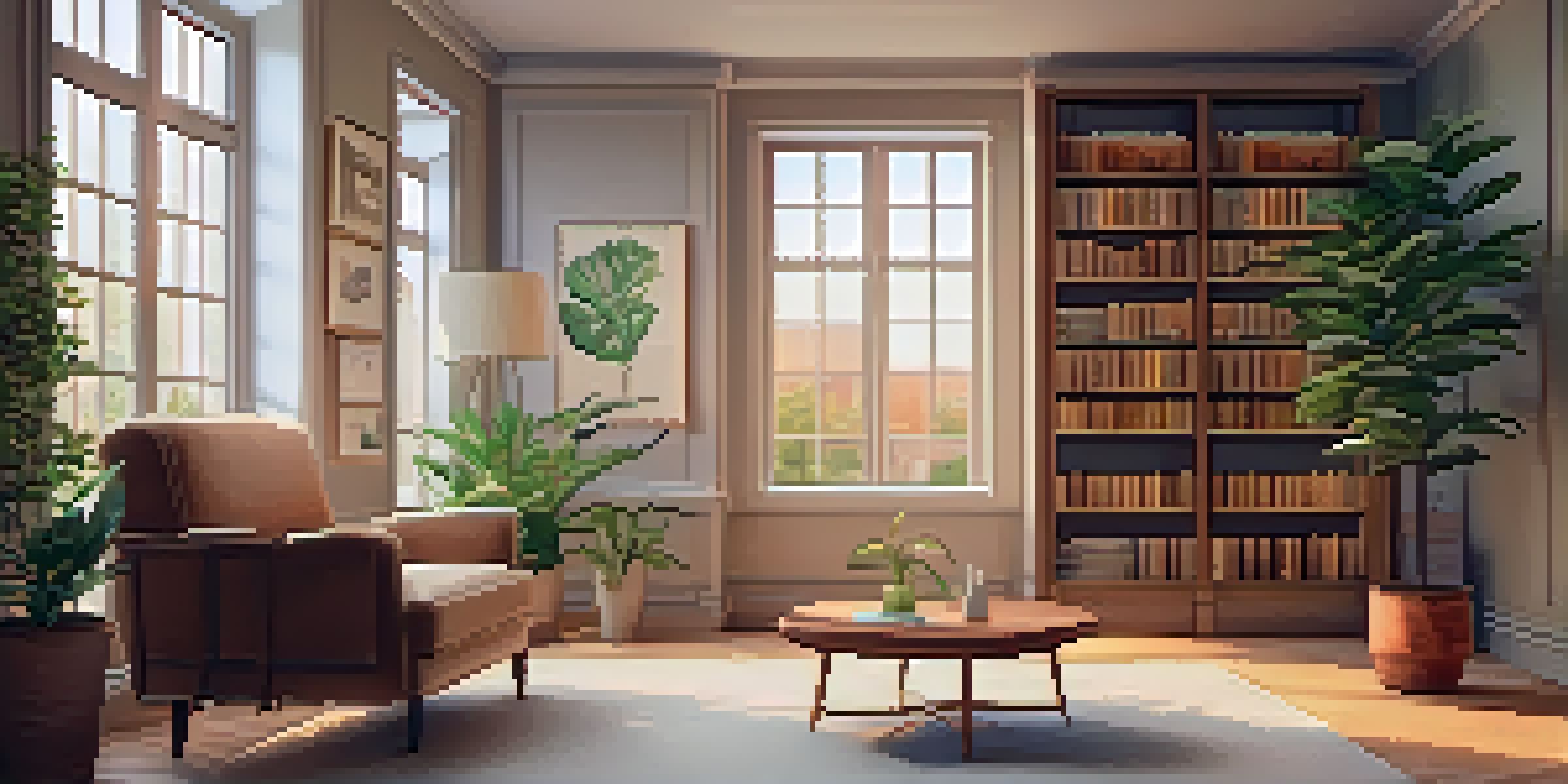 A serene therapy room with soft lighting, a comfortable armchair, and calming artwork on the walls.