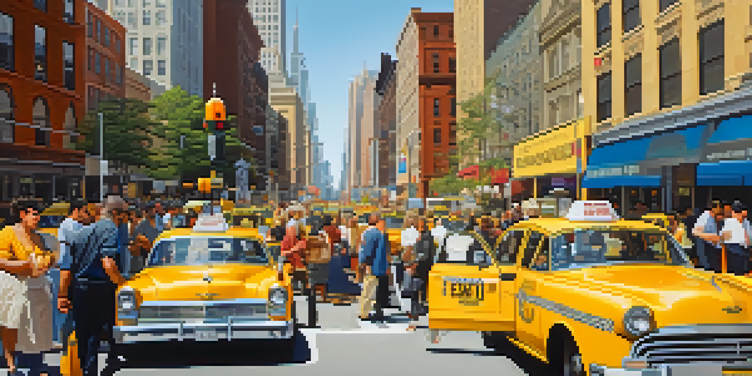 A busy New York City street filled with people talking, yellow taxis, and emergency preparedness posters on a wall.