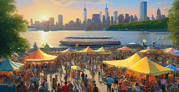 A bustling waterfront park in NYC filled with festival tents, food stalls, and people enjoying live music during sunset, with the Manhattan skyline in the background.